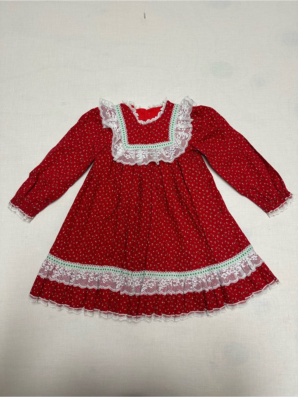 VTG 80s Bryan Girls Red Calico Christmas Dress Lace Prairie Toddler Size 4